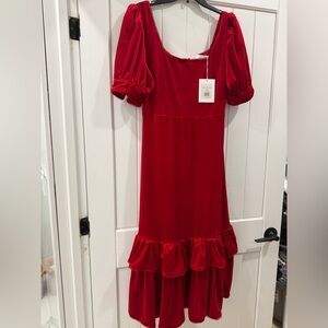 Rachel Parcell Puff Sleeve Midi Dress in Cherry Red Velvet